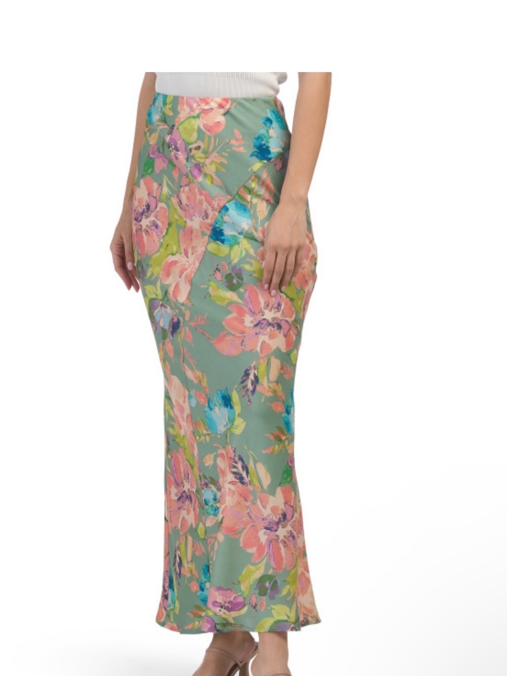 emory park Floral Maxi Pencil Skirt in Sage Green with Pink & Blue Blooms